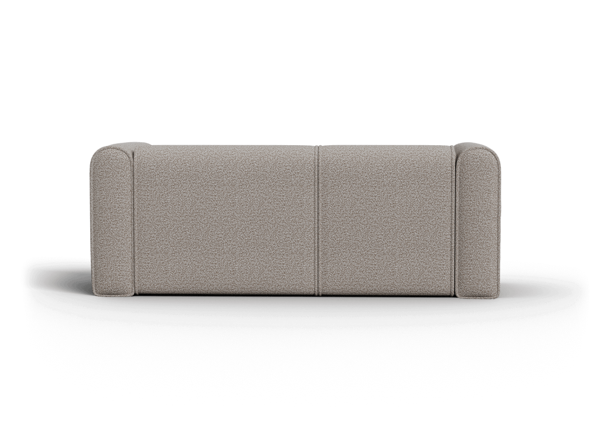 Elegant two-seater sofa in textured taupe fabric, featuring rounded armrests and a minimalist back, set in a modern, upscale living room.