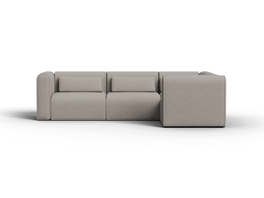 Luxurious grey fabric modular sofa in minimalist setting, featuring sleek rectangular shapes, deep seating, and subtle texture for modern elegance.