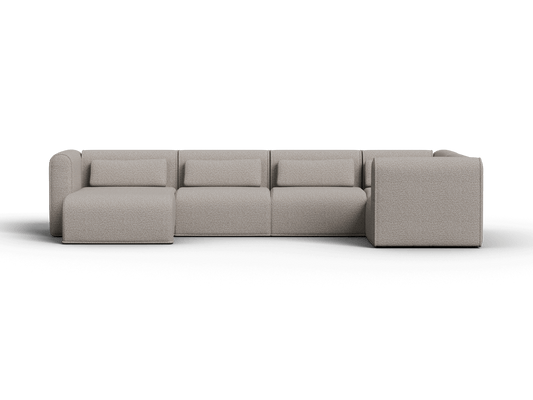 Elegant modular sofa in light grey fabric, featuring plush cushioning and a sleek, minimalist design, set in a chic, contemporary living space.