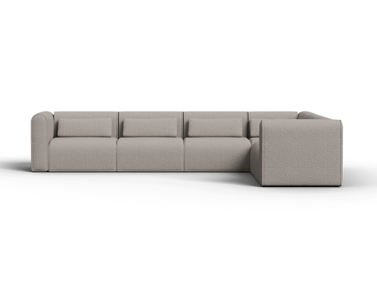Modern L-shaped sectional sofa, upholstered in luxurious taupe fabric. Features plush cushions and clean lines. Ideal for a sophisticated living room setting.