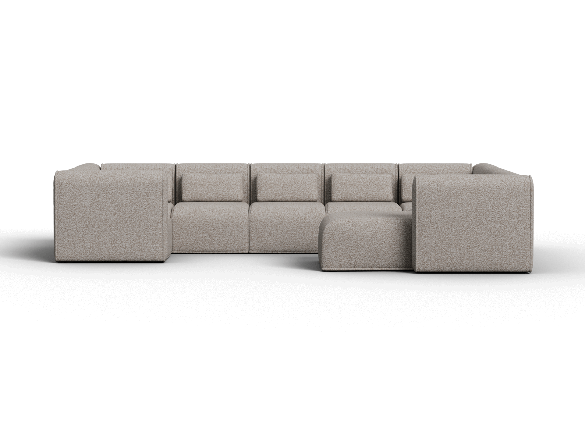 Luxurious sectional sofa in soft beige fabric, featuring modular design and deep cushioning. Perfect for a sophisticated, contemporary living space.