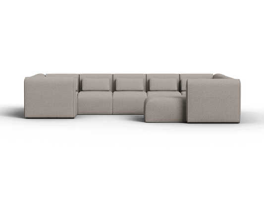 Modular sectional sofa in taupe fabric with plush cushions, right-hand chaise, and clean lines; ideal for a sophisticated living room setting.
