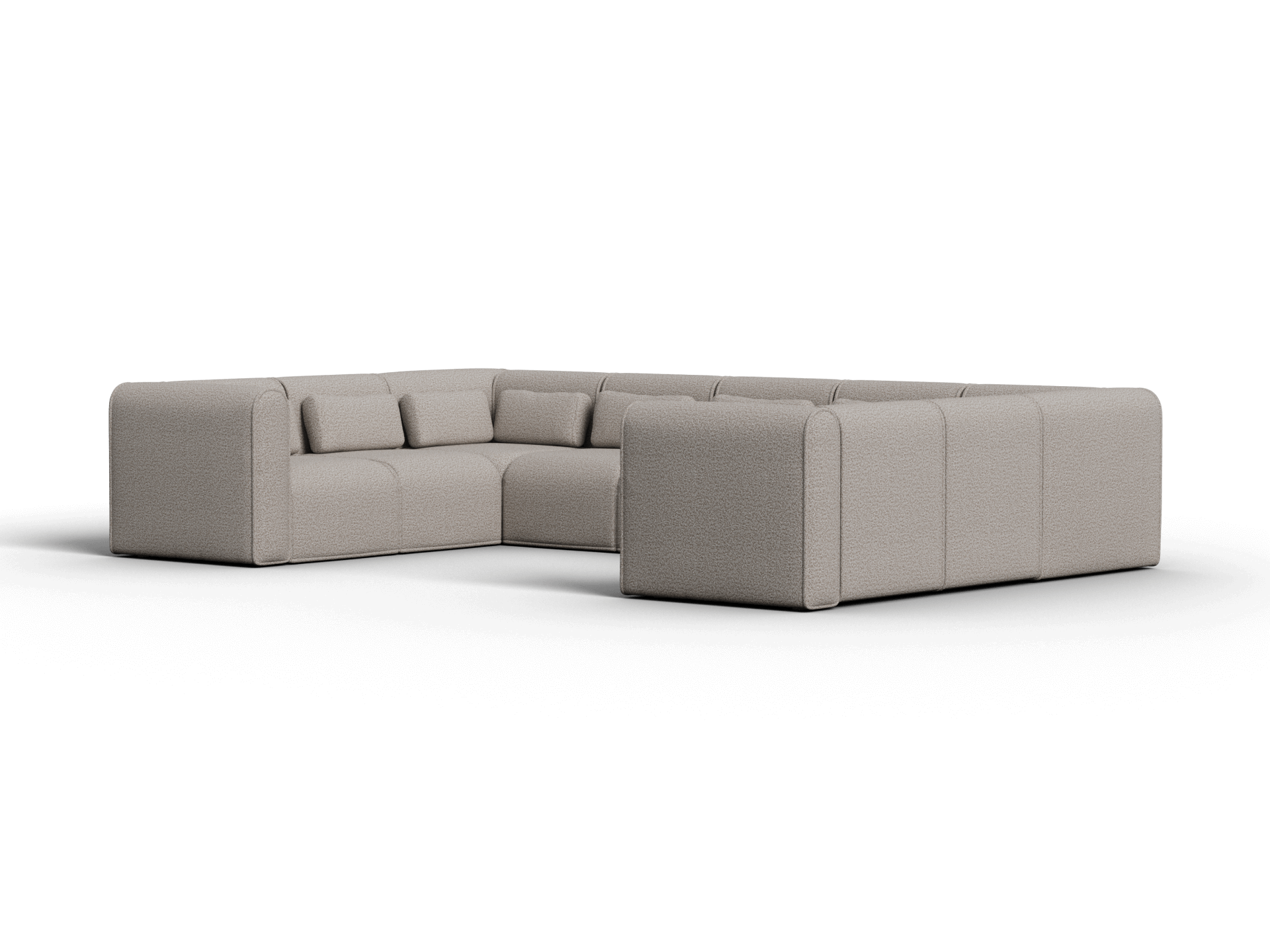 Modular sectional sofa in soft beige fabric, featuring plush cushions and rounded edges, set in a contemporary living room, offering versatile seating.
