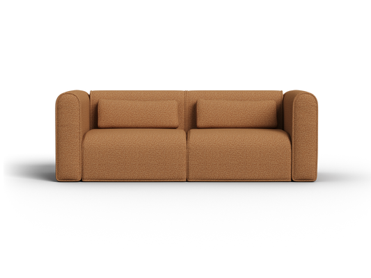 Modern tan fabric sofa with plush cushions and rounded armrests. Upholstered in luxurious boucle. Ideal for contemporary living spaces.