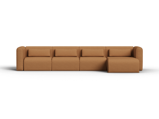 Luxurious modular sofa in rich caramel fabric, featuring plush cushions and a sleek, minimalist design, ideal for elegant, contemporary living spaces.