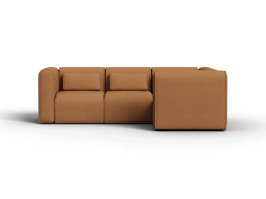 Luxurious modular sectional sofa in rich caramel fabric. Features include wide armrests, plush seating, and sleek lines, perfect for a contemporary lounge.
