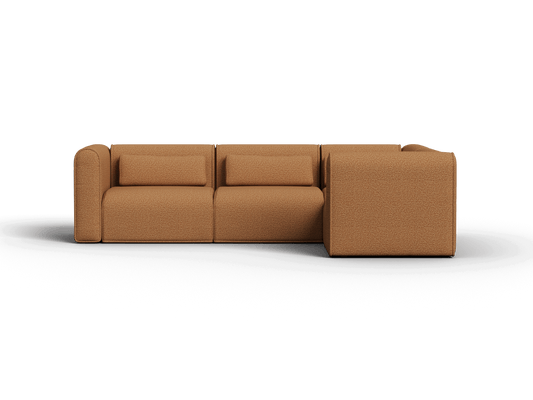 Luxurious modular sofa in rich caramel fabric, featuring plush cushions and streamlined design. Perfect for contemporary living spaces, exuding elegance.