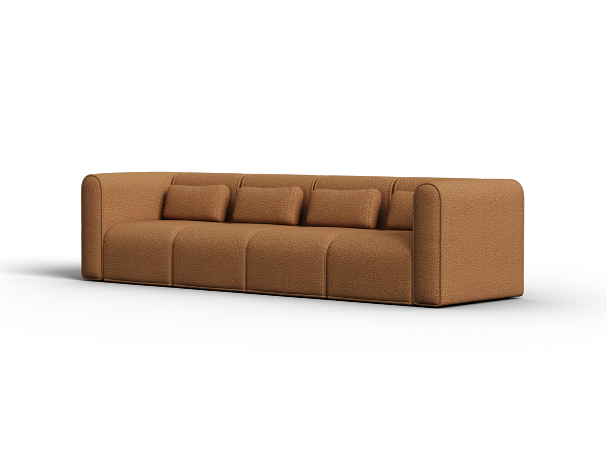 Luxurious modern sofa in rich caramel fabric, featuring deep cushioning and minimalist design. Ideal for contemporary living spaces.