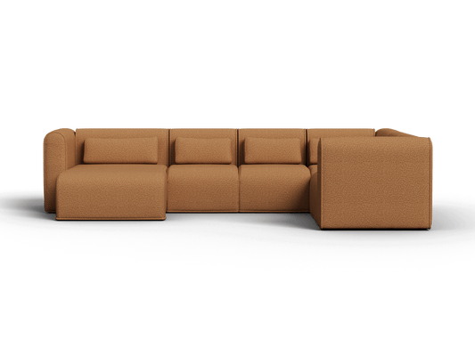 Luxurious modular sofa in rich caramel fabric, featuring sleek, minimalist design with plush cushions. Perfect for upscale living room settings.