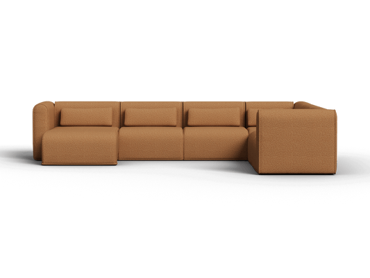 Luxurious modular sofa in rich caramel upholstery, featuring plush cushions and a sleek, minimalist design. Perfect for a contemporary living space.