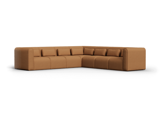 Luxurious L-shaped sectional sofa in rich tan fabric, featuring plush cushioning and blocky armrests. Perfect for a sophisticated, spacious living room.