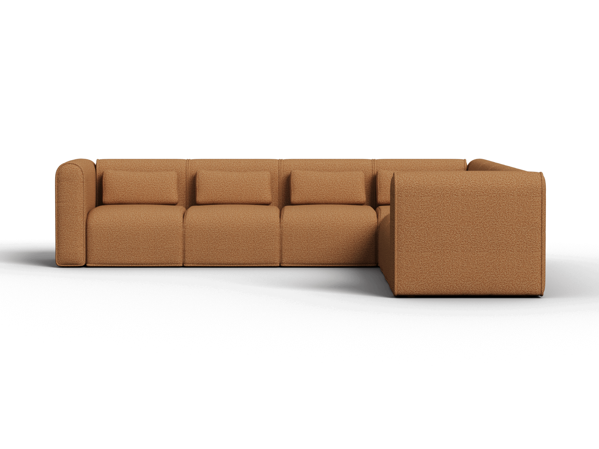 Tan modular sofa in luxurious textured fabric, featuring broad armrests and deep cushions. Perfect for elegant, contemporary living spaces.