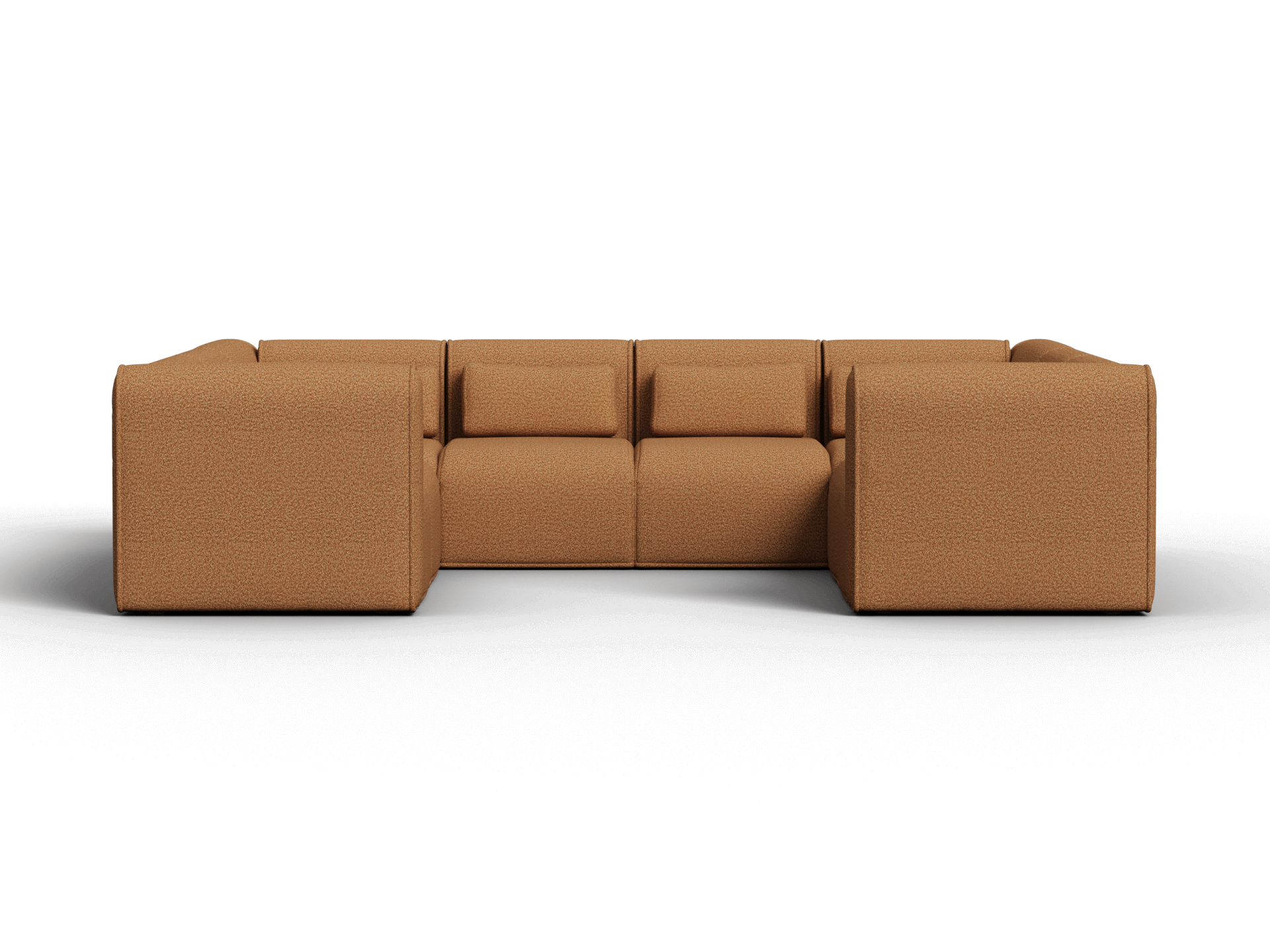 Luxurious modular sofa in rich caramel fabric, featuring plush cushions and clean lines. Perfect for a contemporary living space, offering comfort and style.