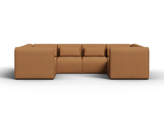 Luxurious modular sofa in rich caramel fabric, featuring plush cushions and clean lines. Perfect for modern living spaces, combining comfort and style.