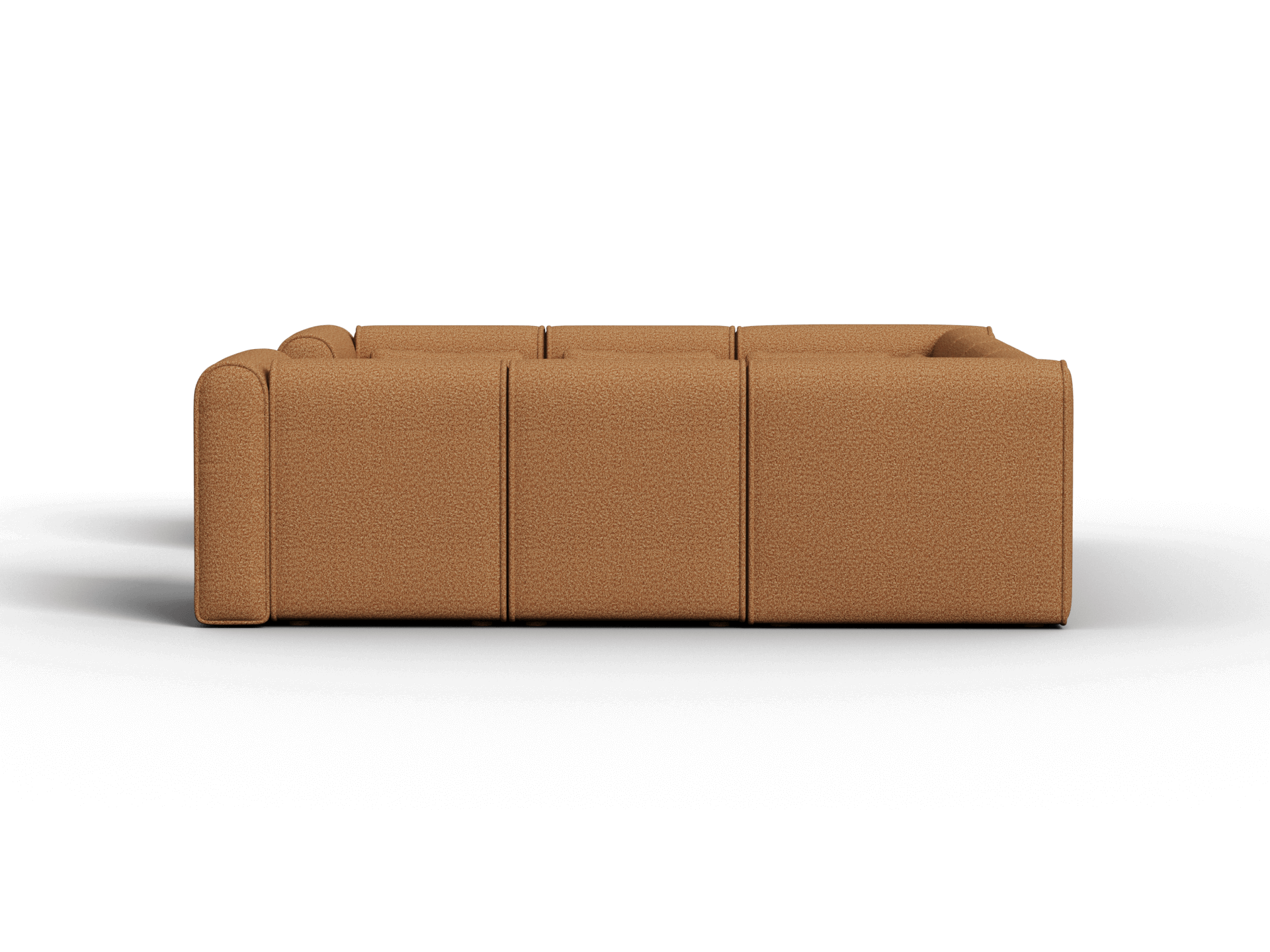 Tan leather modular sofa with geometric block design, plush cushioning, and seamless stitching. Set in a minimalistic interior, embodying luxury elegance.