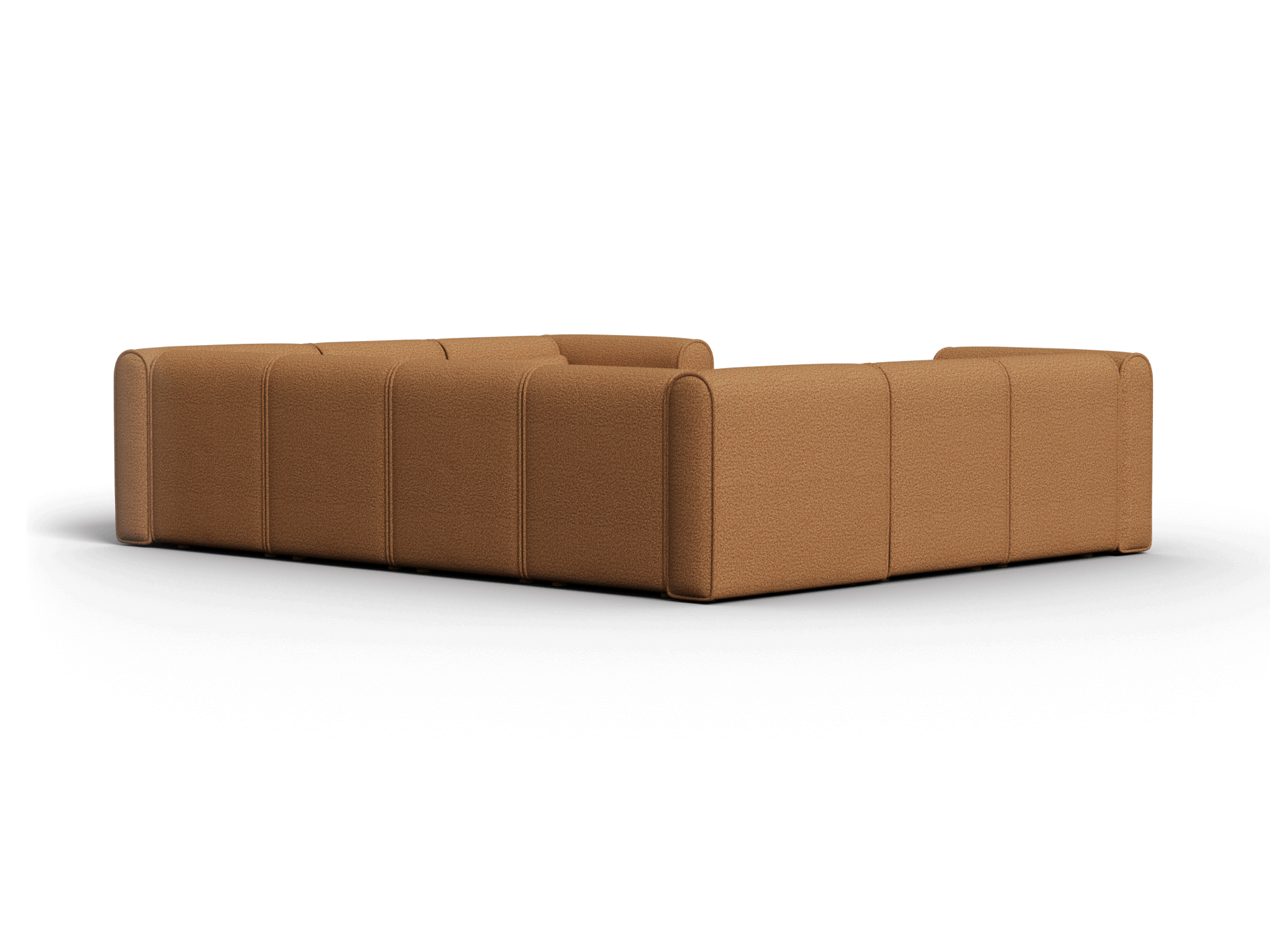 Luxurious L-shaped sectional sofa in premium tan leather, featuring deep seating and clean lines. Perfect for a modern, sophisticated living room setting.