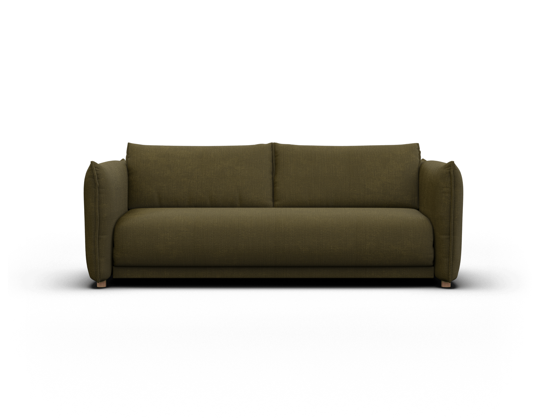 Elegant olive green fabric sofa with plush cushions and rounded armrests, exuding modern charm. Perfect for minimalist living rooms.