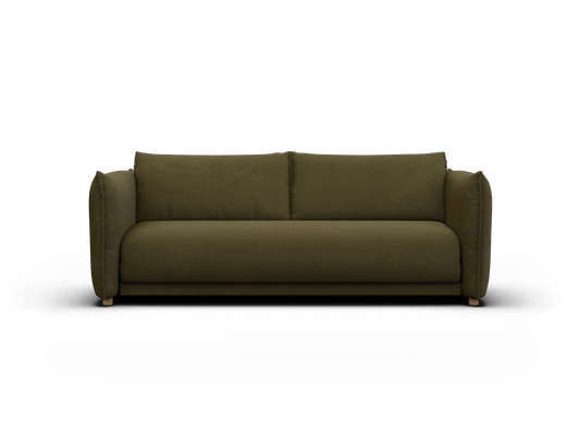 Elegant olive green fabric sofa with plush cushions and rounded armrests, exuding modern charm. Perfect for minimalist living rooms.