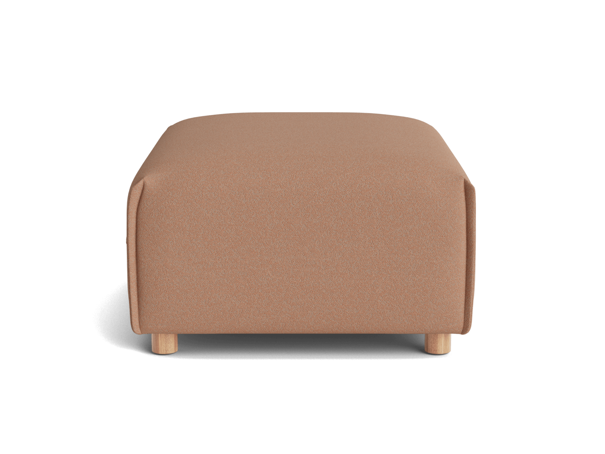 A rectangular ottoman with a soft, peach-colored fabric and light wooden legs, set against a black background.