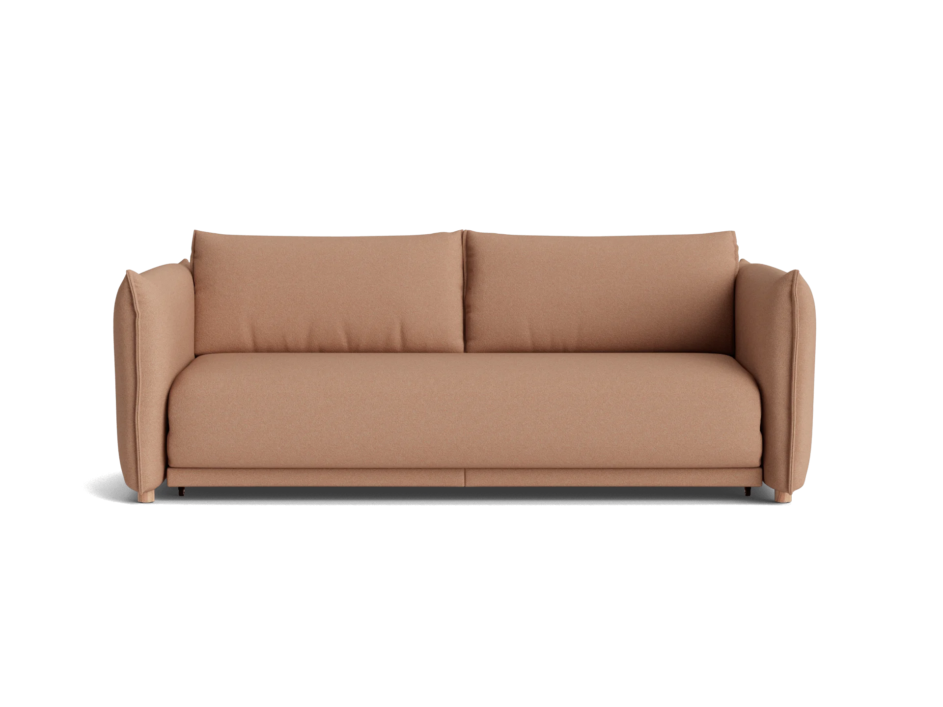 A light brown, modern sofa with rounded arms and two plush cushions, set against a black background.