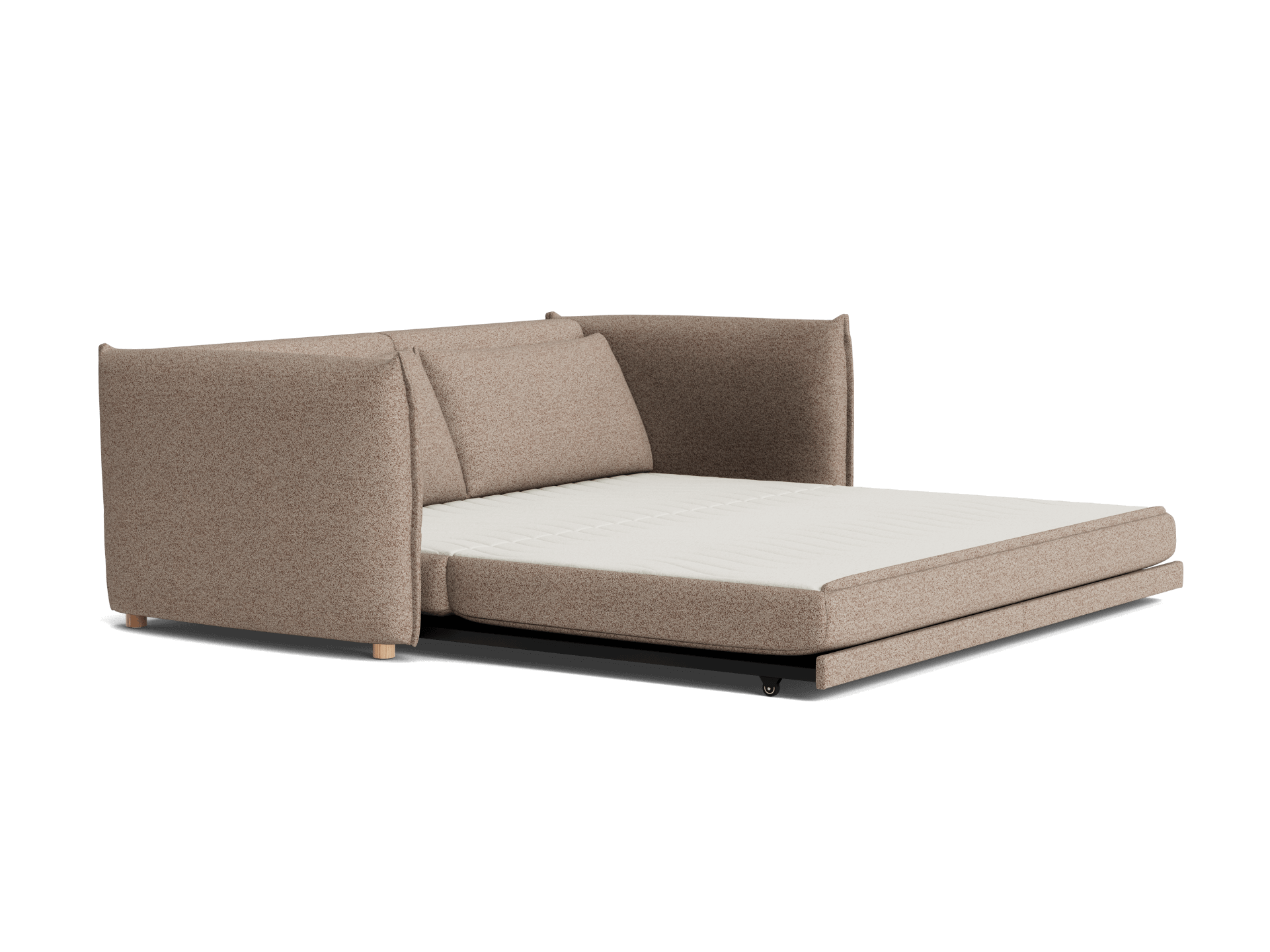 Brown fabric sofa bed with a sleek design, featuring a wide seat and backrest. The mattress is white, and wooden legs are visible.