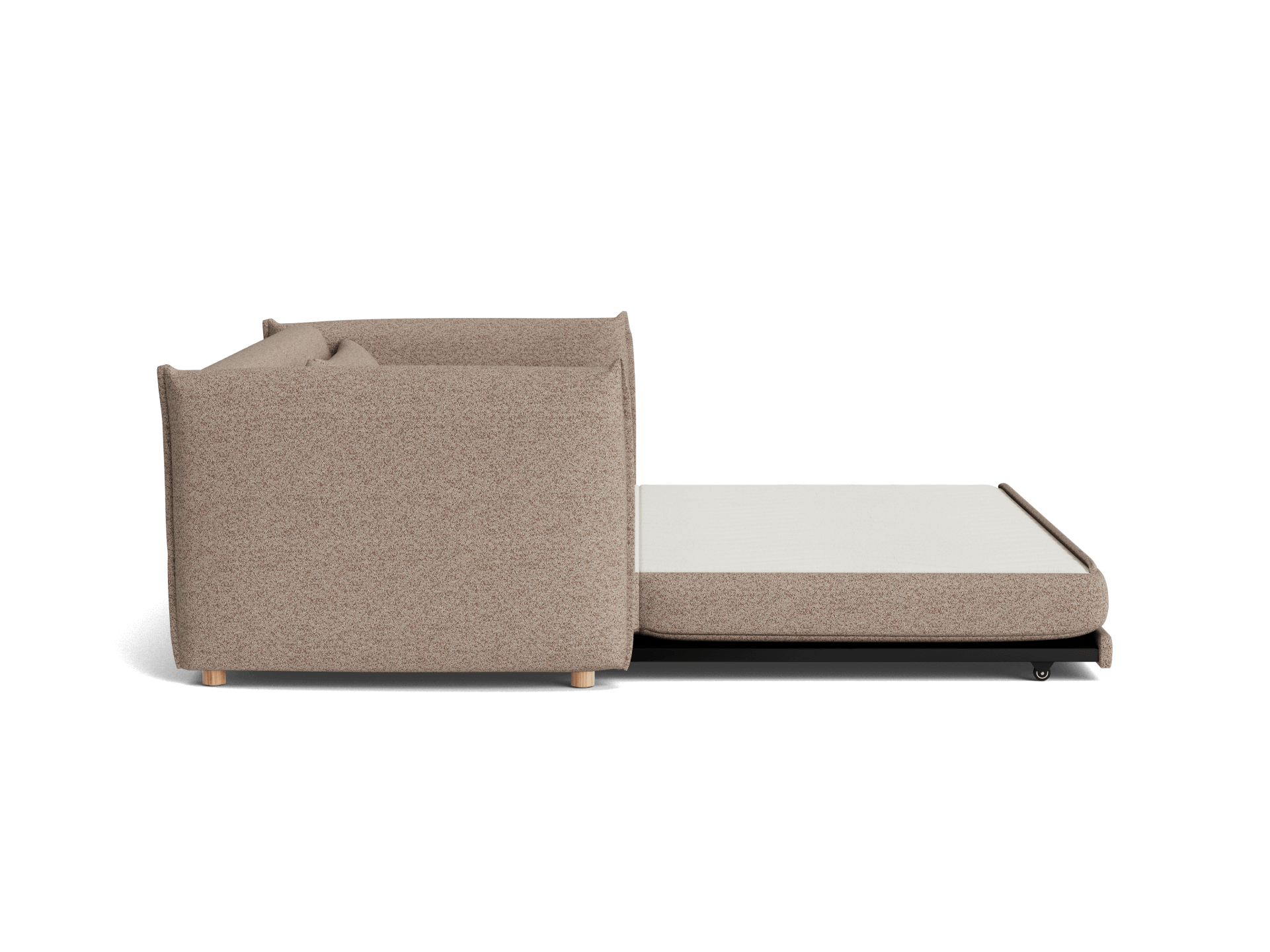 A light brown sofa with a textured fabric, featuring a pull-out mattress in a white cover, set against a black background.