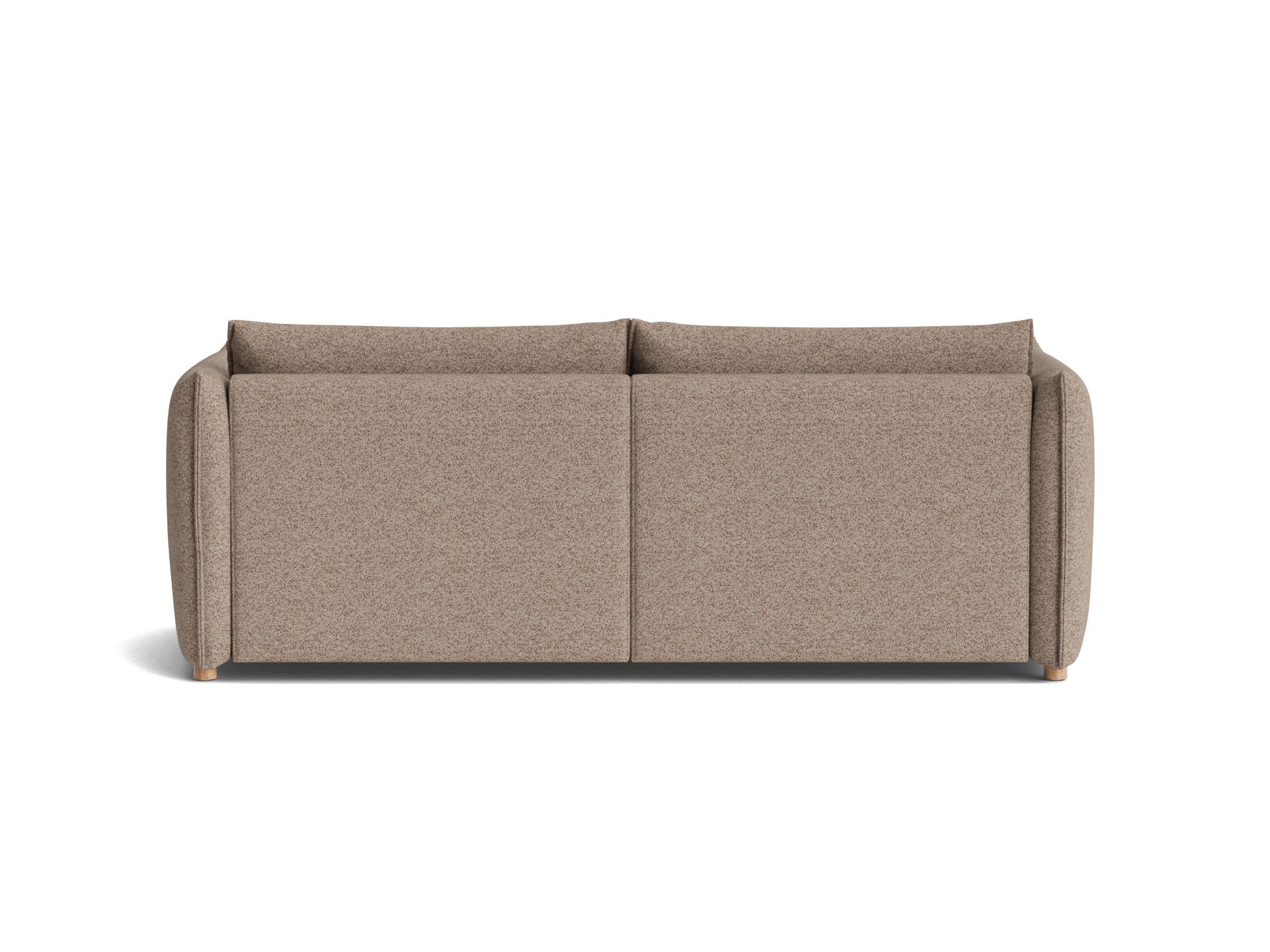 A textured beige sofa with a low back and rounded arms, resting on light wooden legs against a black background.