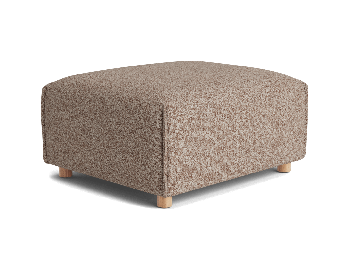 A square, light brown ottoman with a textured fabric and natural wooden legs, positioned against a black background.