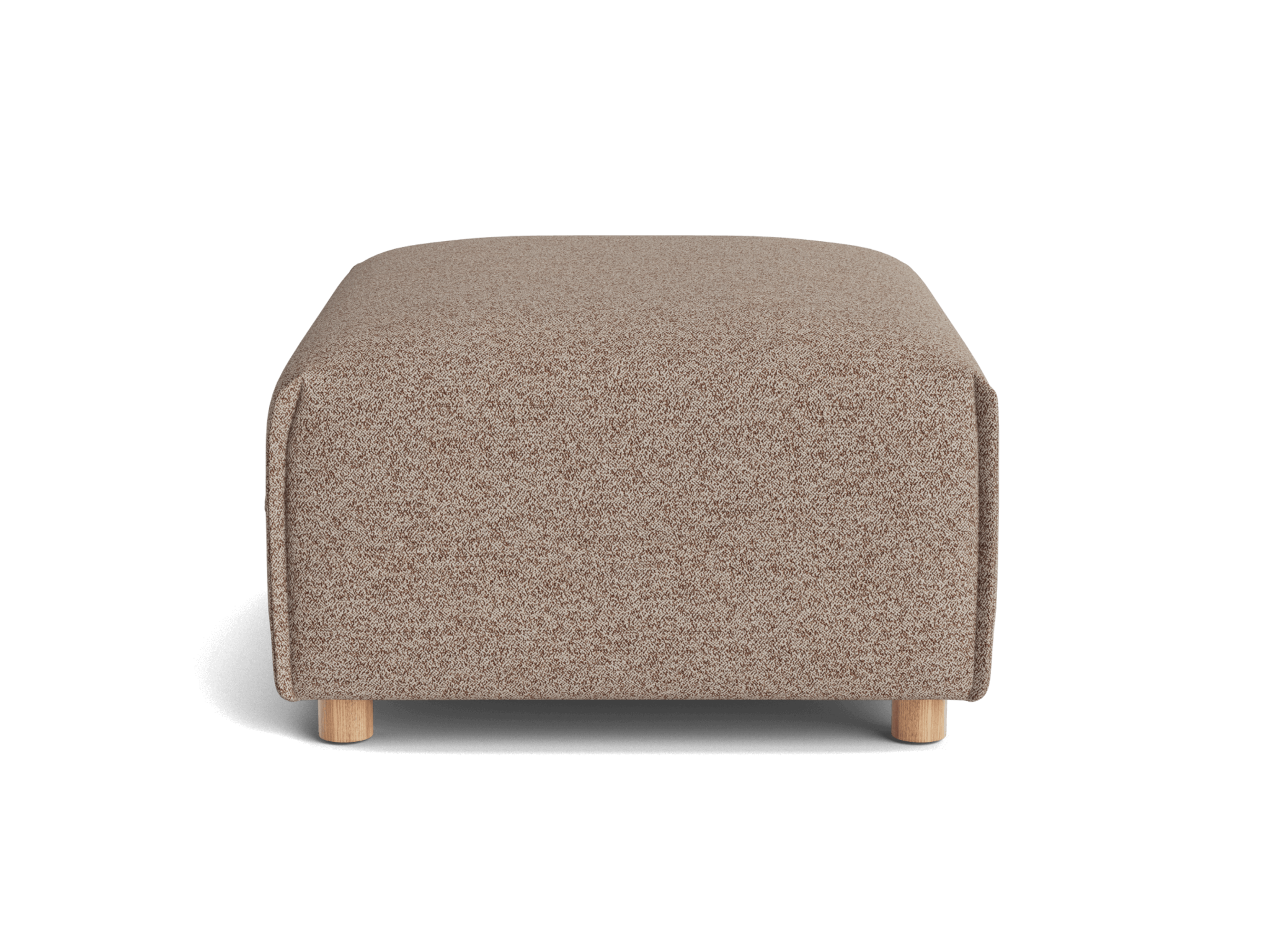 A rectangular, light brown ottoman with textured fabric, resting on four natural wood legs against a black background.