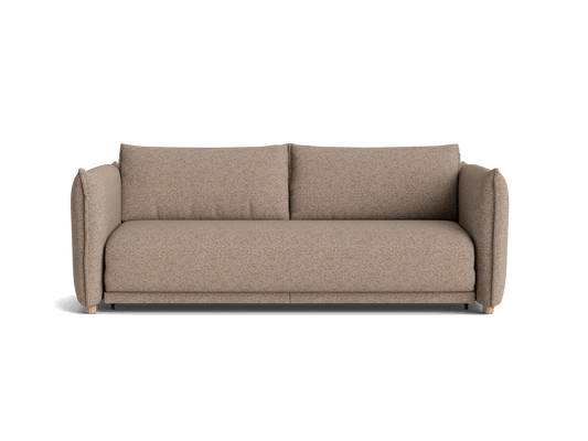 A light brown sofa with textured fabric and rounded armrests, featuring wooden legs, set against a black background.