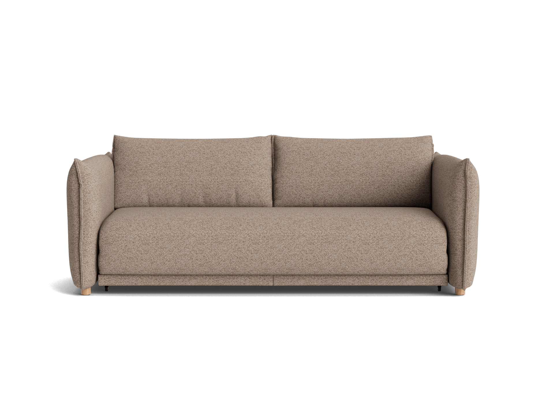 A light beige sofa with textured fabric and rounded arms, featuring two matching cushioned backrests and wooden legs.