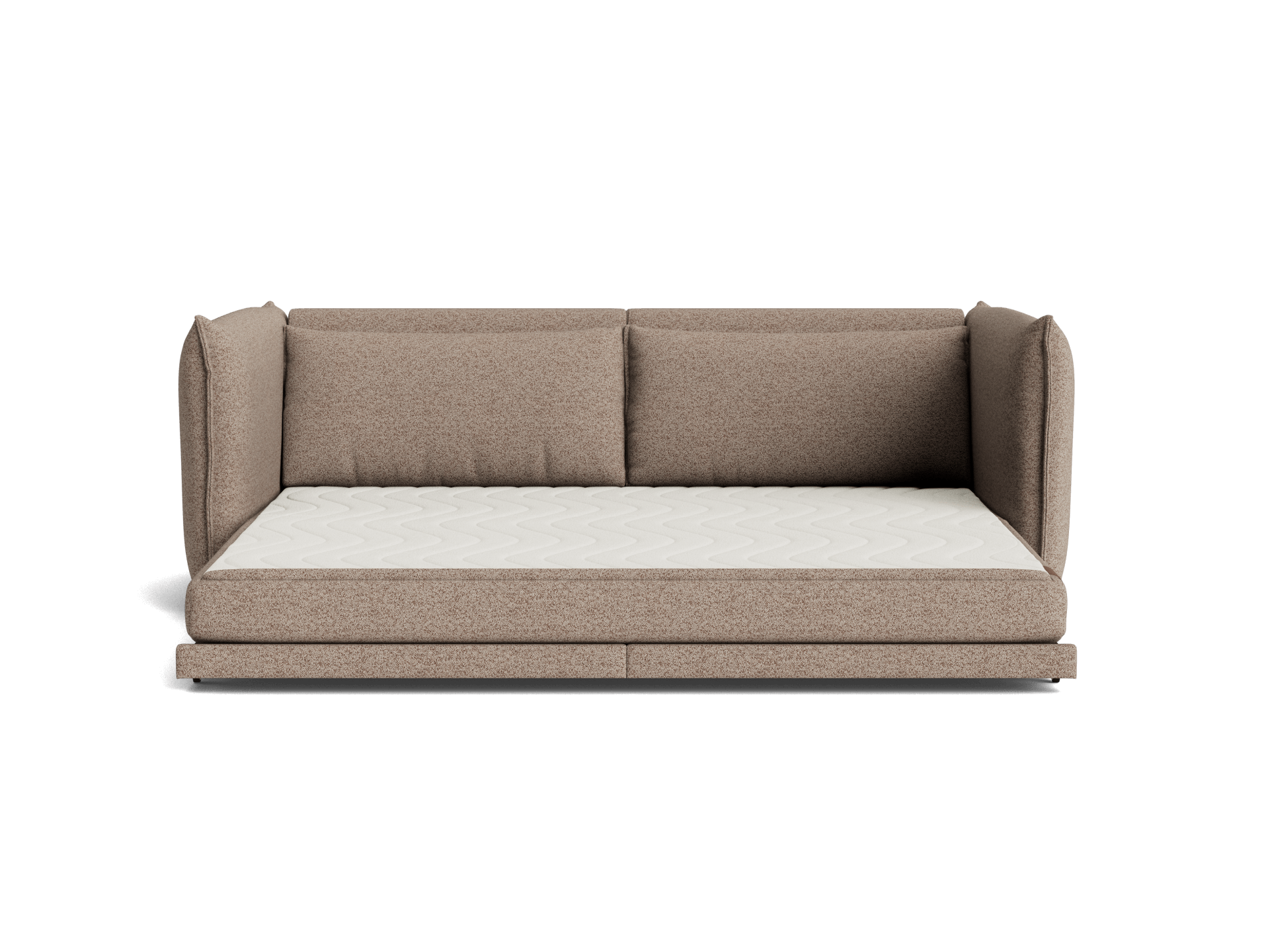 A modern, light brown sofa with a textured fabric and two back cushions rests on a white, quilted mattress. The background is black.