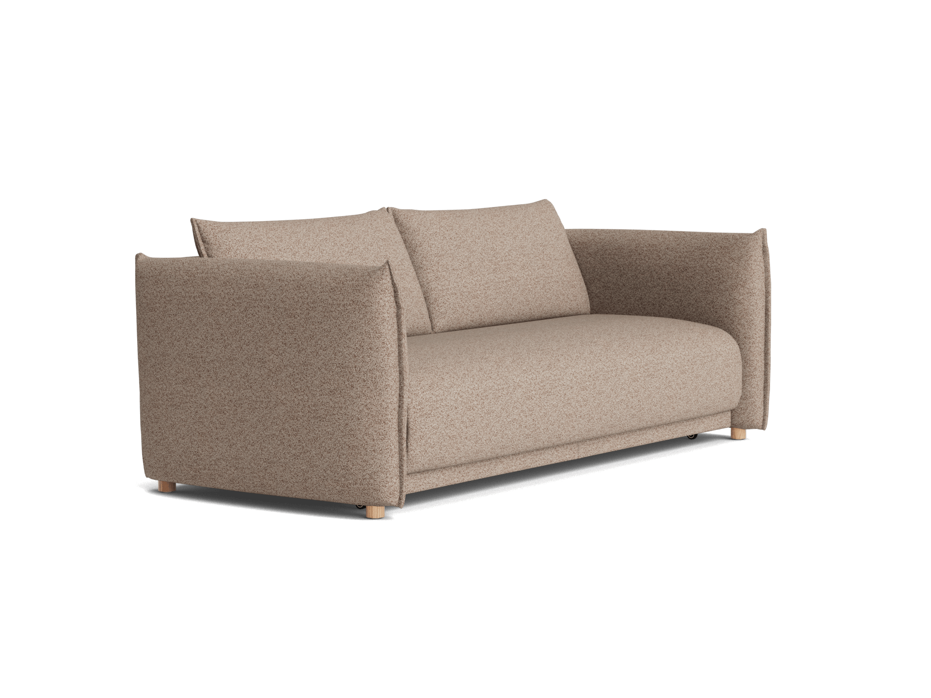 A light beige sofa with textured fabric, featuring wide arms and two back cushions, resting on wooden feet against a black background.