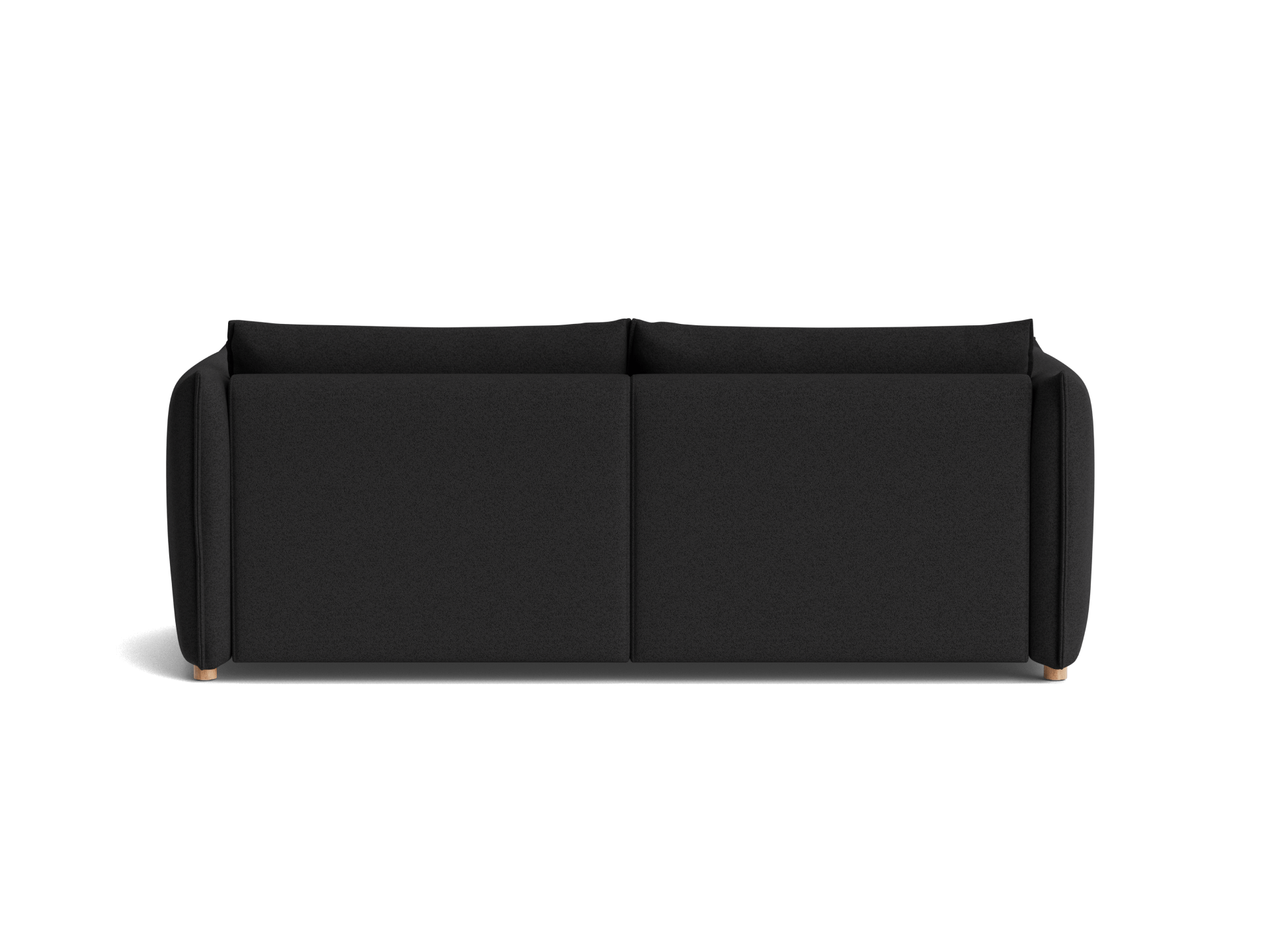 A modern, dark grey sofa with two back cushions and rounded armrests, resting on light wooden legs, against a black background.