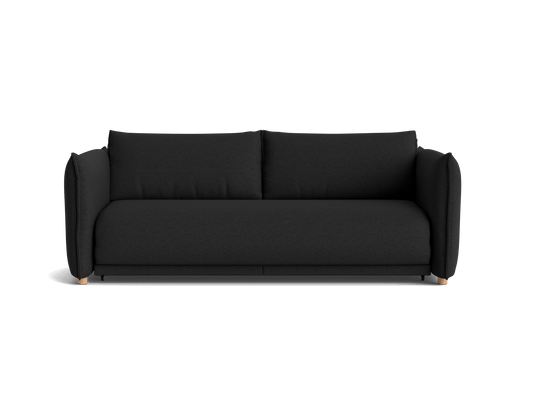 A sleek black sofa with plush cushions and rounded arms, featuring light wooden legs for stability.