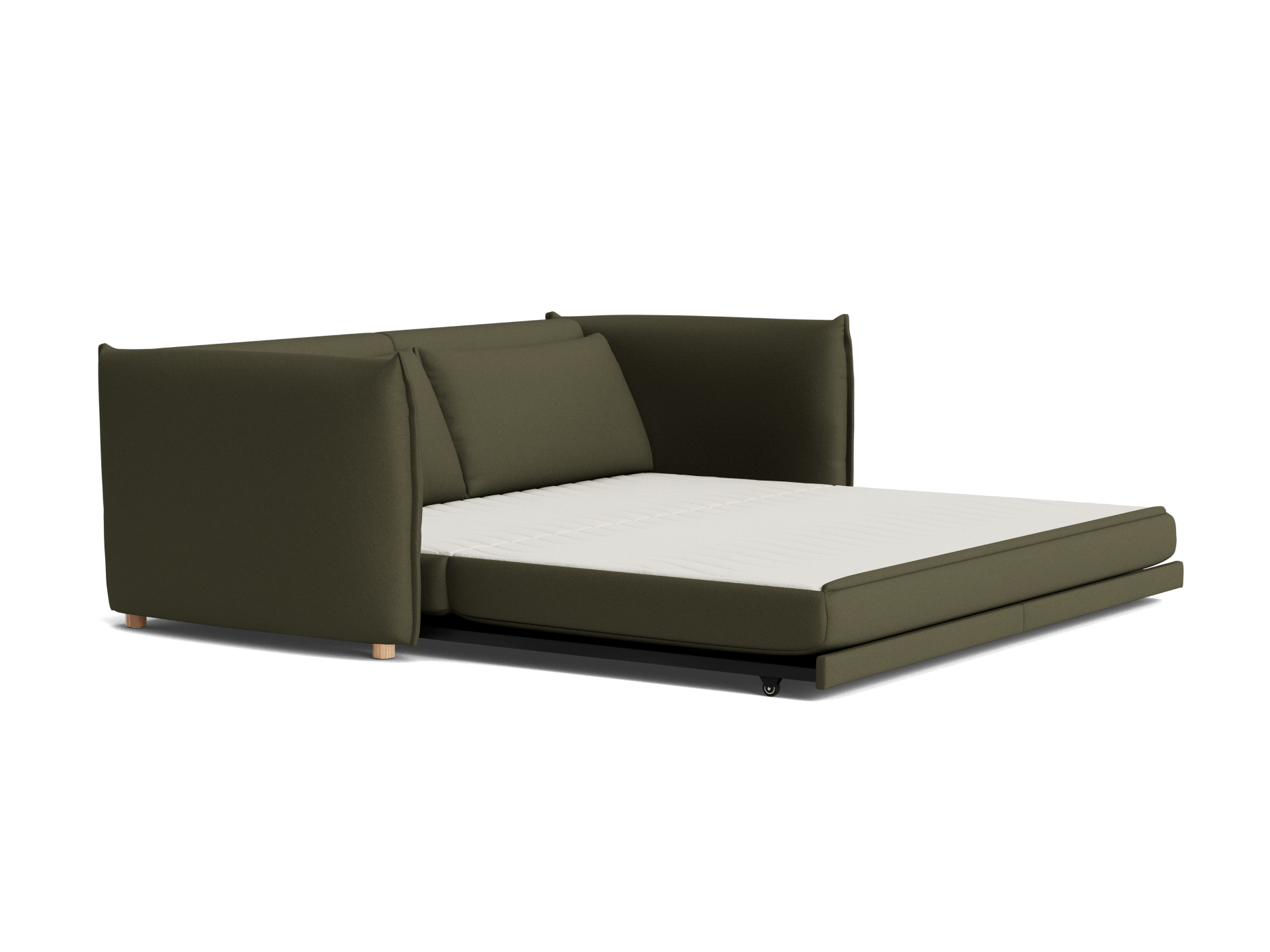 A dark olive green sofa bed with a white mattress and light wood legs, featuring a contemporary design and plush cushions.