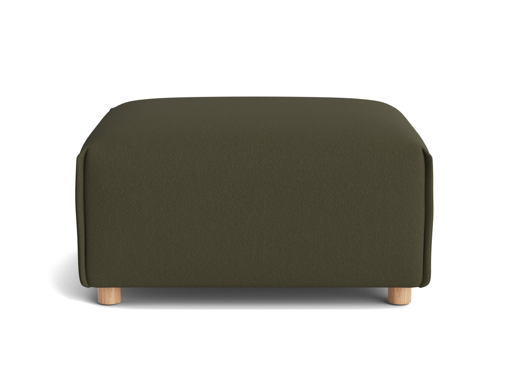 A rectangular olive green ottoman with rounded edges, resting on light wooden legs, set against a black background.