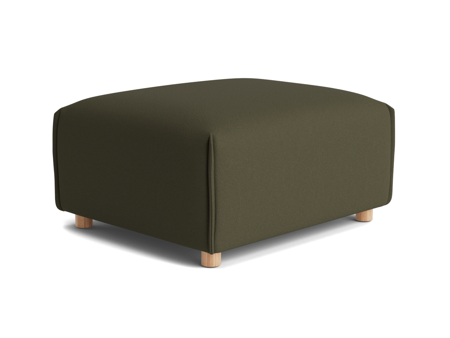 A rectangular, olive-green upholstered ottoman with rounded corners, resting on light wood legs.