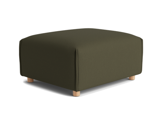 A rectangular, olive-green upholstered ottoman with rounded corners, resting on light wood legs.