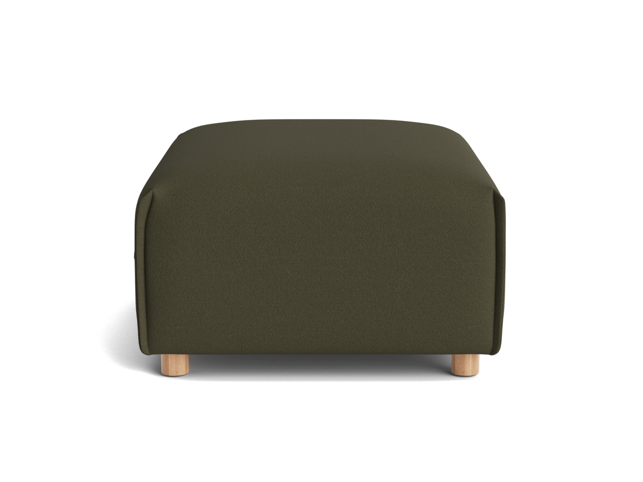 A rectangular olive green ottoman with rounded corners and light wooden legs, set against a black background.