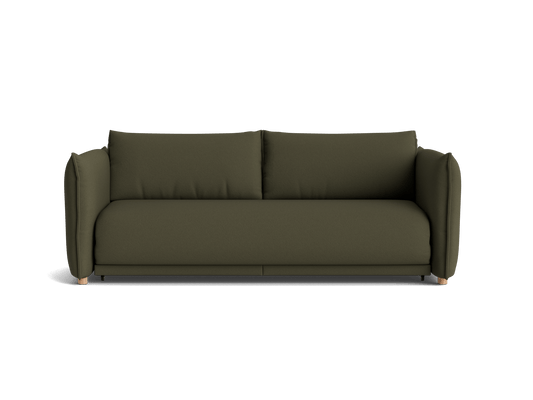 A dark olive green sofa with plush cushions and rounded arms, resting on light wooden legs, set against a black background.