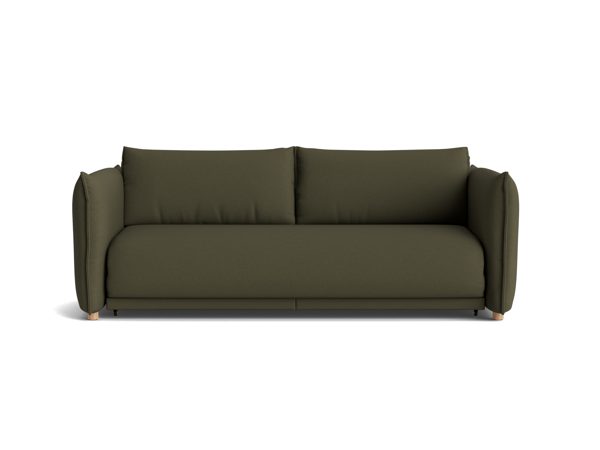 A dark olive green sofa with rounded arms and plush cushions, resting on light wooden legs, against a black background.