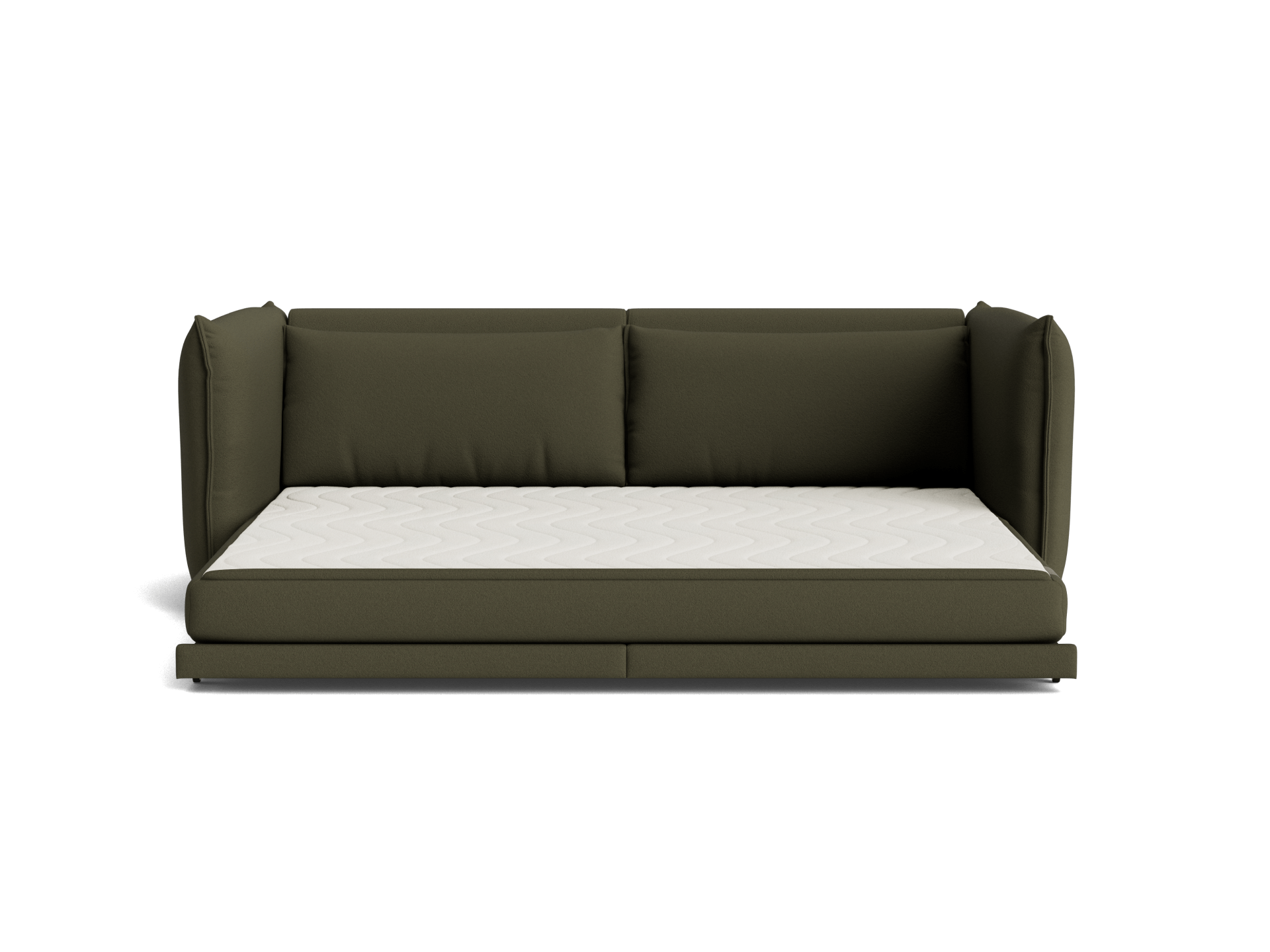 A dark olive green sofa with thick side cushions and a white mattress-like seat cushion. Black background.