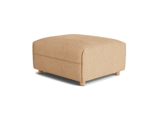 A rounded ottoman upholstered in a light beige fabric, featuring wooden legs and a storage compartment.