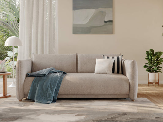 A light beige sofa with a teal throw and a striped black and white pillow, set on a beige and grey rug in a bright room with greenery.