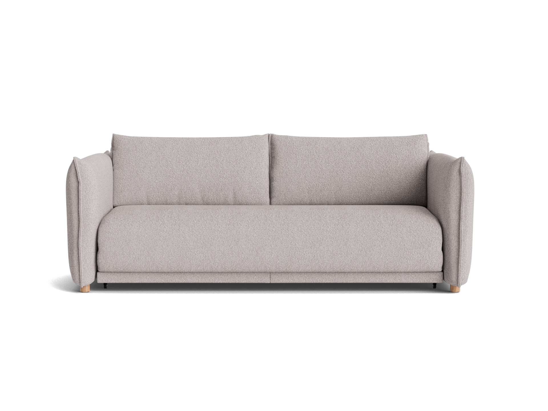 A light grey fabric sofa with rounded arms and wooden legs, featuring two large, flat cushions.