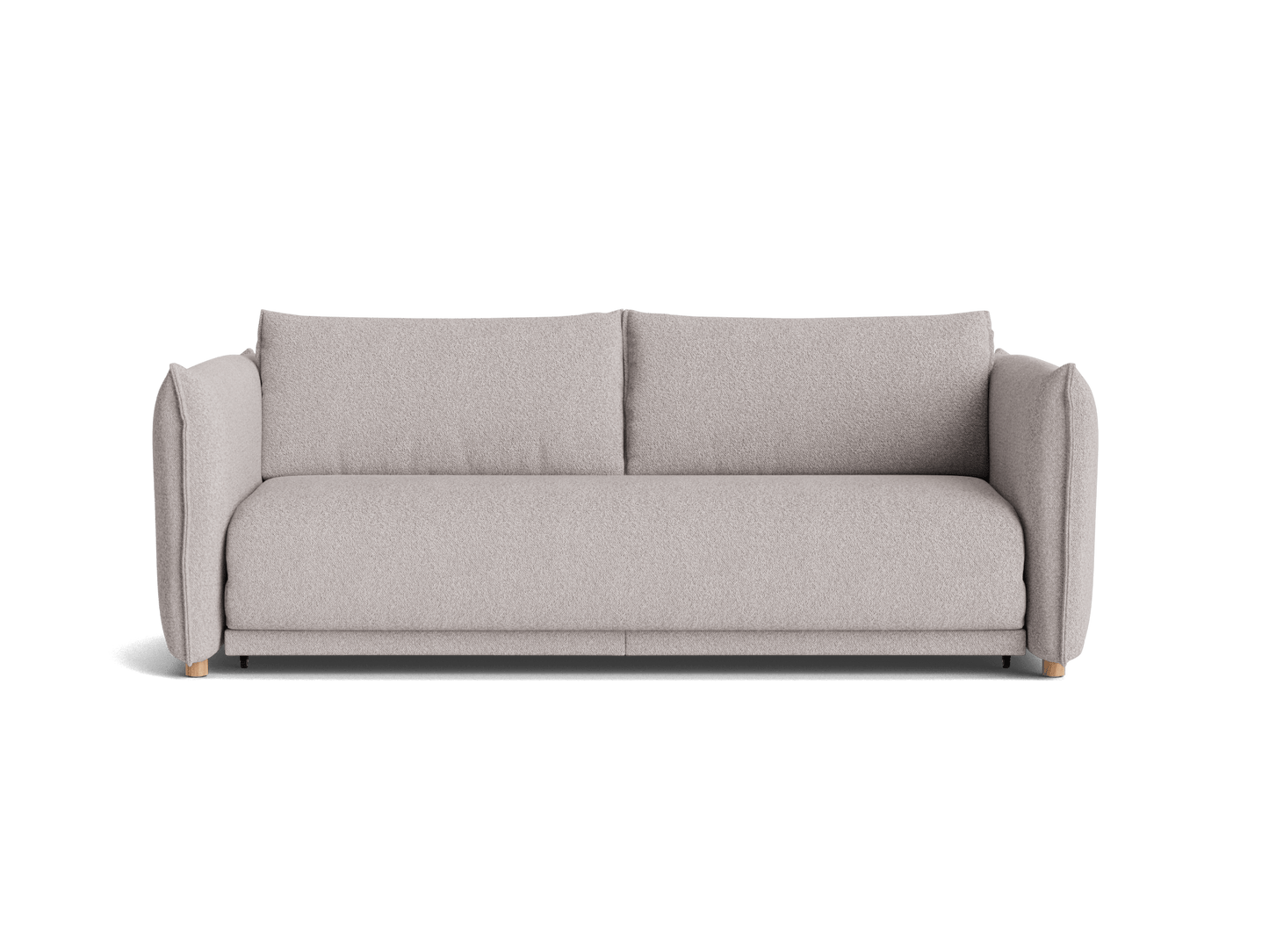 A light grey sofa with plush upholstery and wide armrests, resting on short wooden legs.