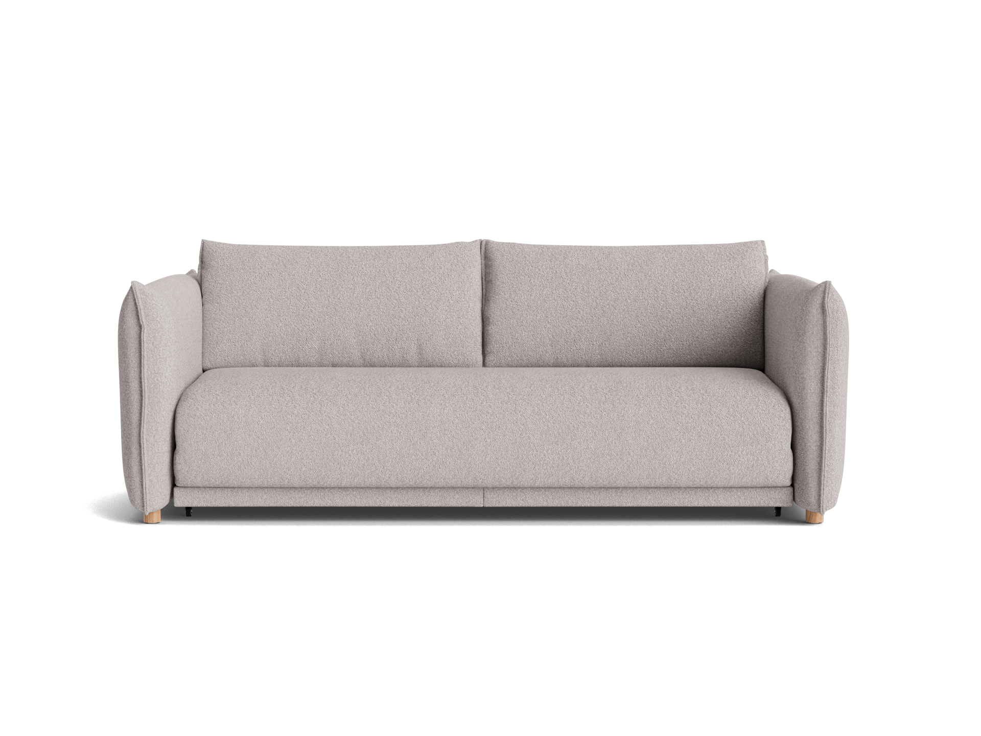 A light grey sofa with plush upholstery and wide armrests, resting on short wooden legs.