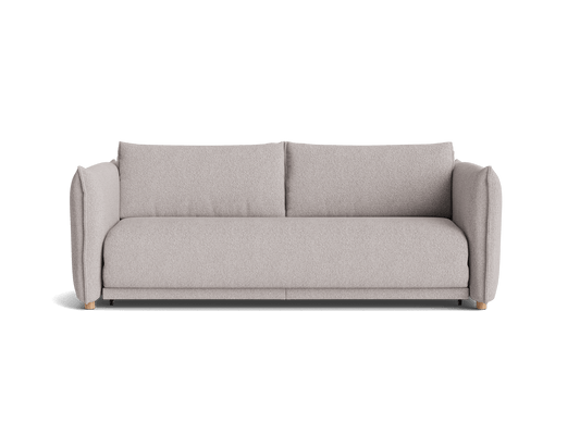 A light grey sofa with plush upholstery and wide armrests, resting on short wooden legs.