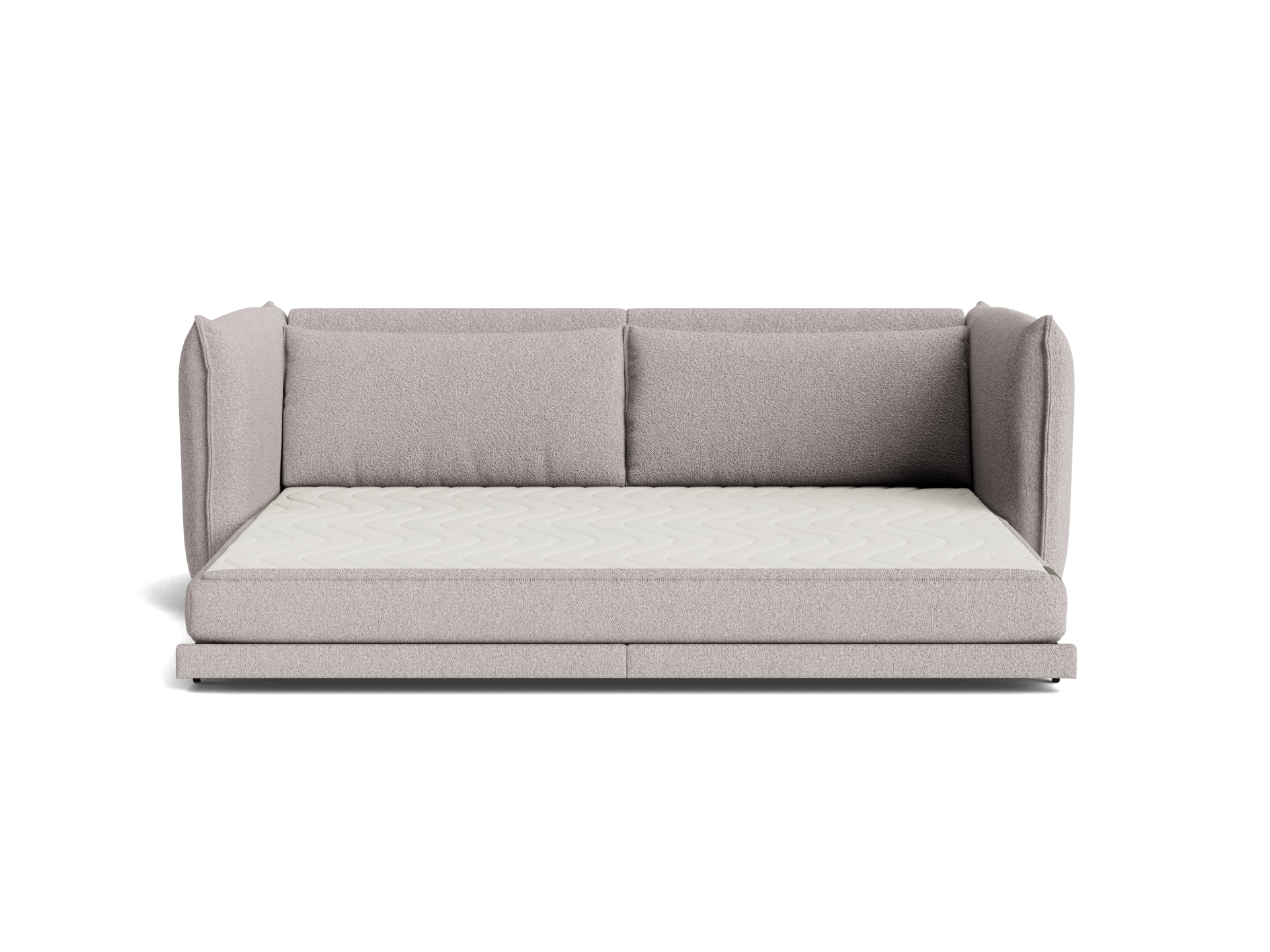 A light grey sofa bed with two soft back cushions and a textured white mattress, designed for comfort and modern aesthetics.